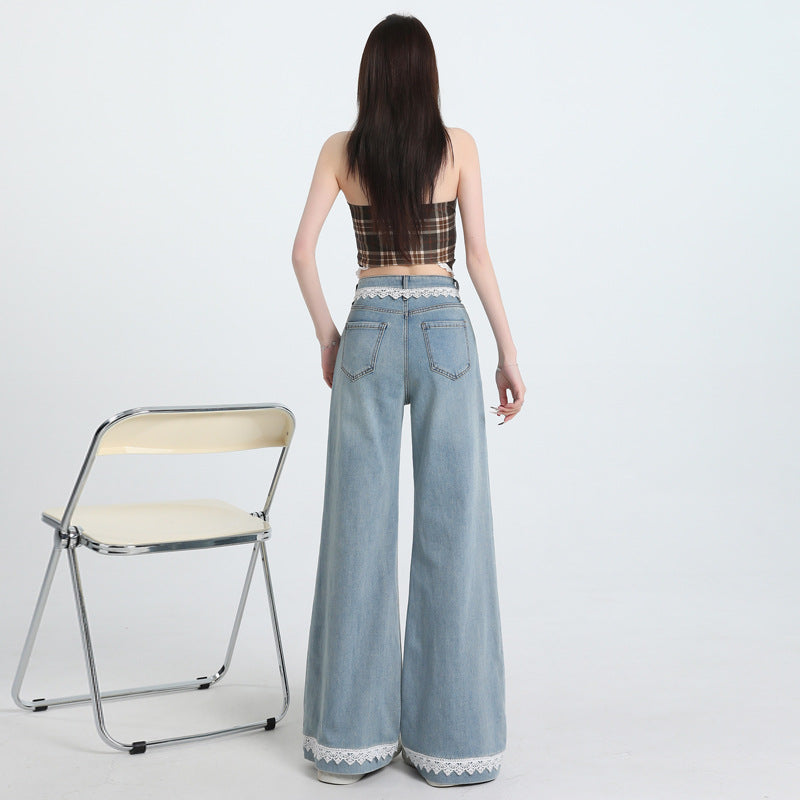 Lace Trim Wide Leg Jeans for Women - Slimming Flared Pants