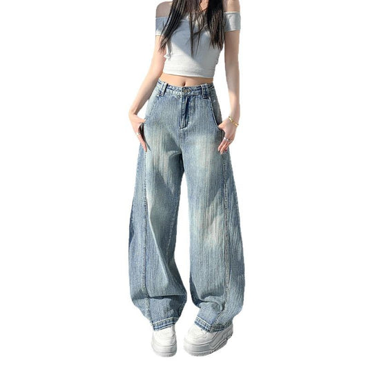 Retro Washed Slub Deconstructed Tapered Denim Pants for Women