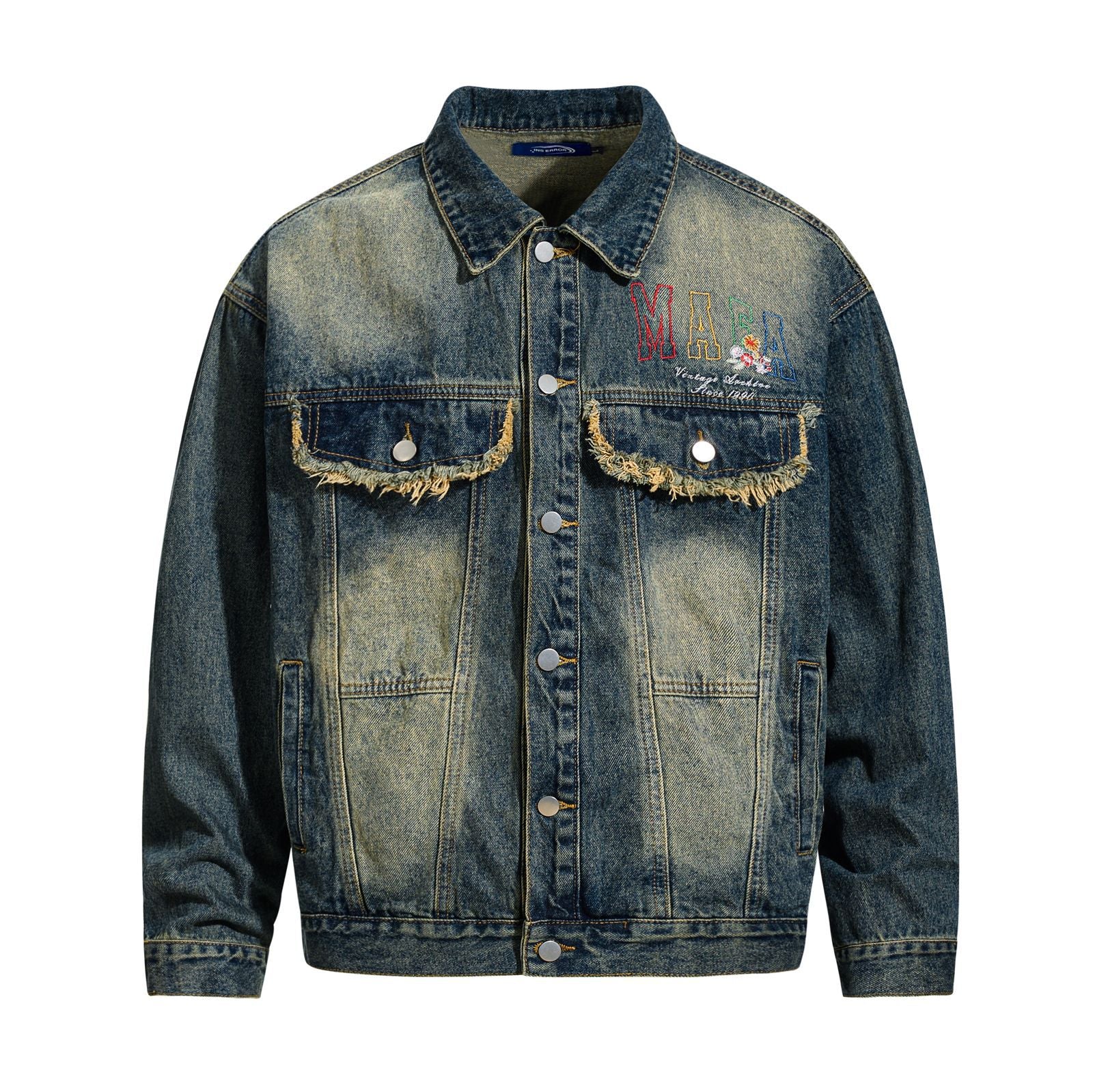Streetwear Style Washed Denim Jacket with Colorful Letter Embroidery
