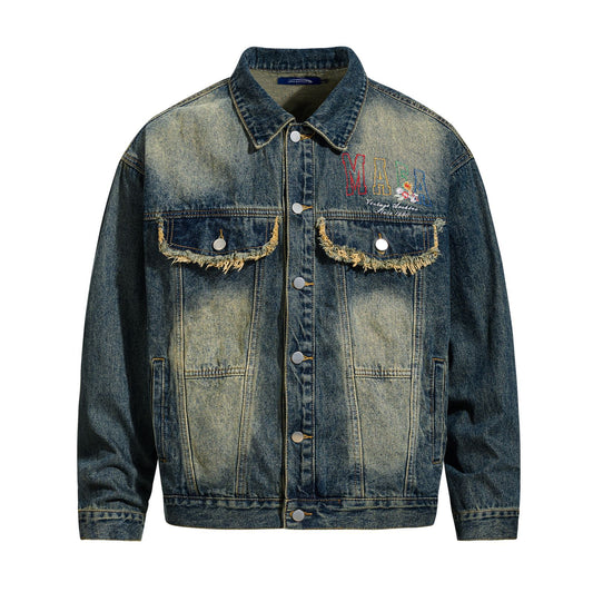 Streetwear Style Washed Denim Jacket with Colorful Letter Embroidery