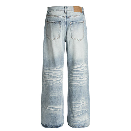 Distressed Washed Straight Leg Denim Jeans for Men