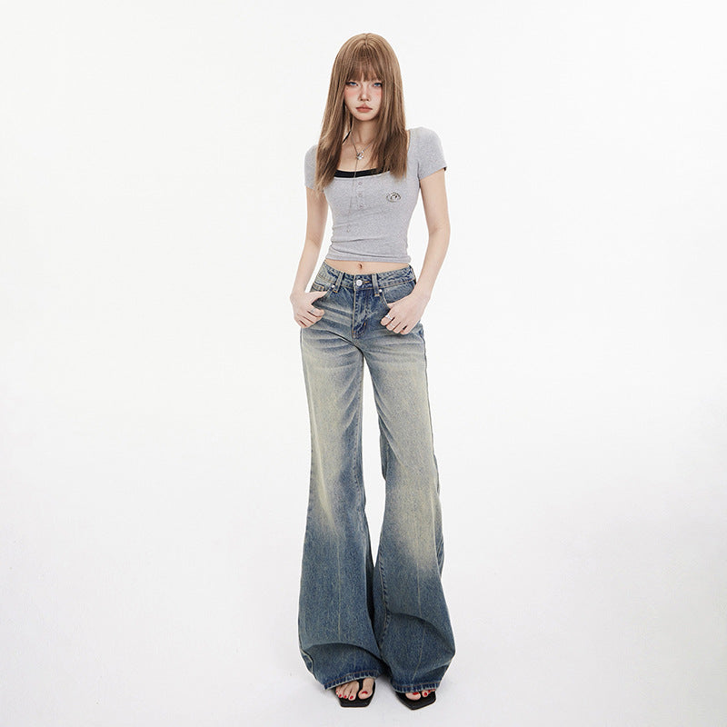 Women's Mid-Waist Spicy Girl Flare Jeans - Personality Micro Flare Denim Trousers