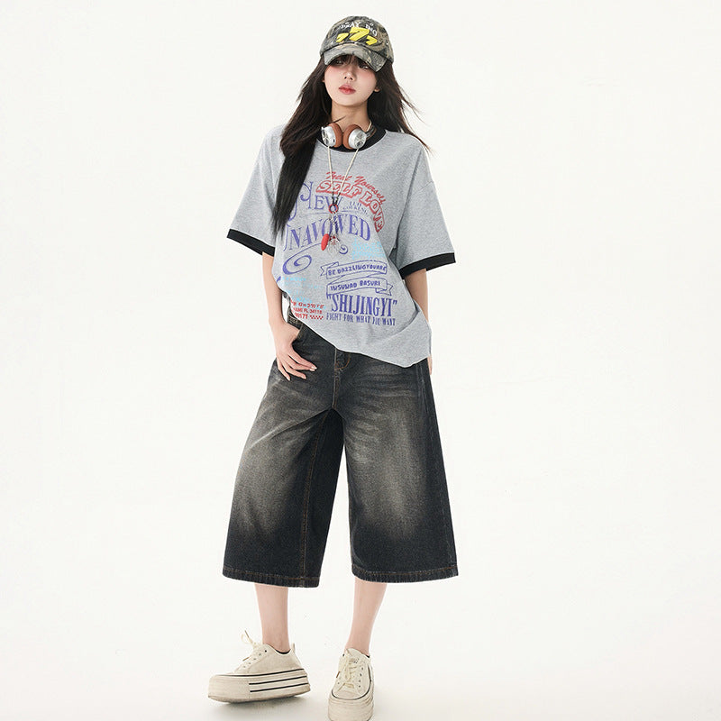 Women's Washed Seven-Quarter Denim Pants - Loose Straight Wide-Leg Mid-Length Trousers