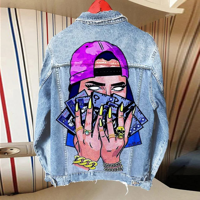 Women's Autumn Hot Selling Street Style Denim Jacket with Tongue Out Print