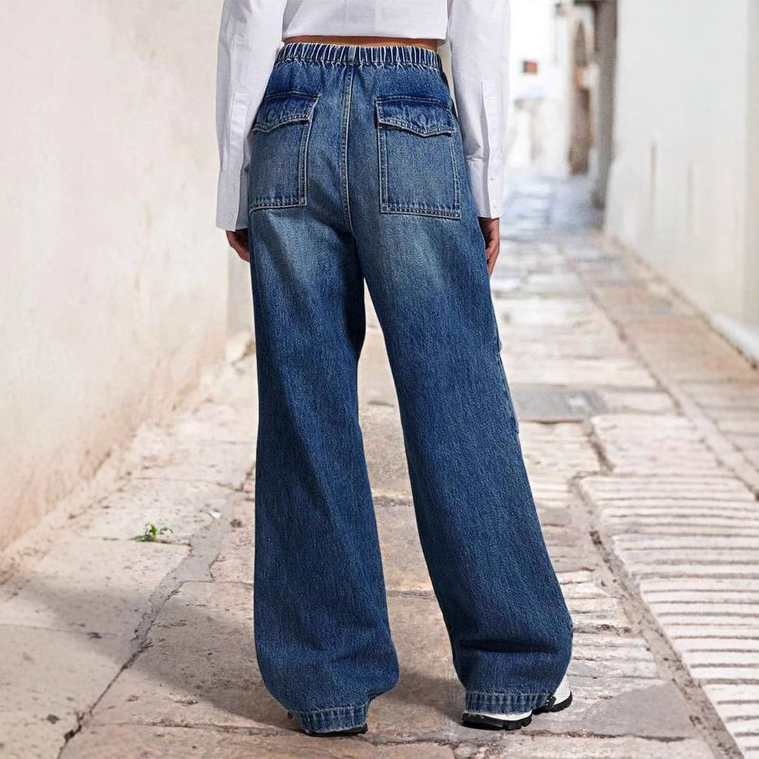 Mid Waist Wide Leg Pleated Loose Jeans - Women's Street Retro Straight Leg Pants