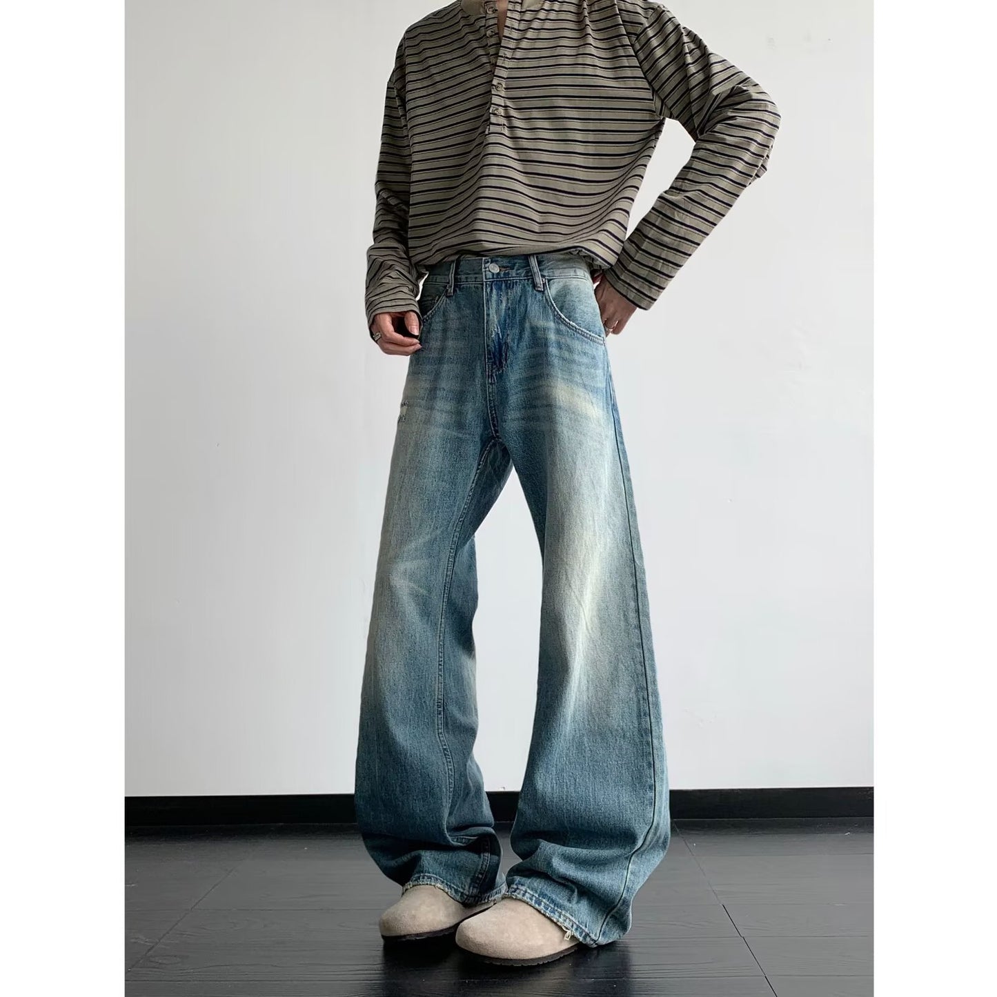 Light Blue Men's Cat Whisker Washed Wide Leg Casual Pants