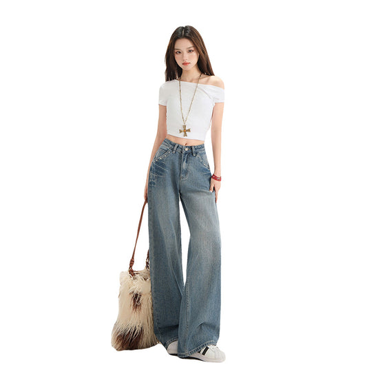 Women's Wide-Leg Niche Water-Washed Floor-Length Straight Pants