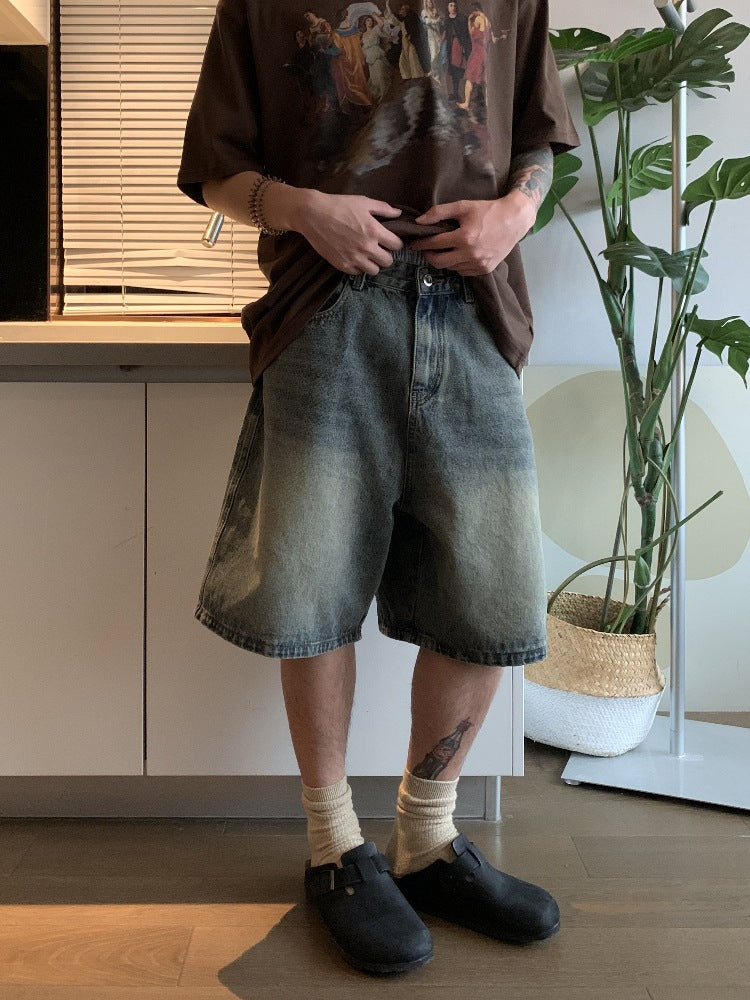 Blue Denim Casual Loose Five-Quarter Shorts for Men