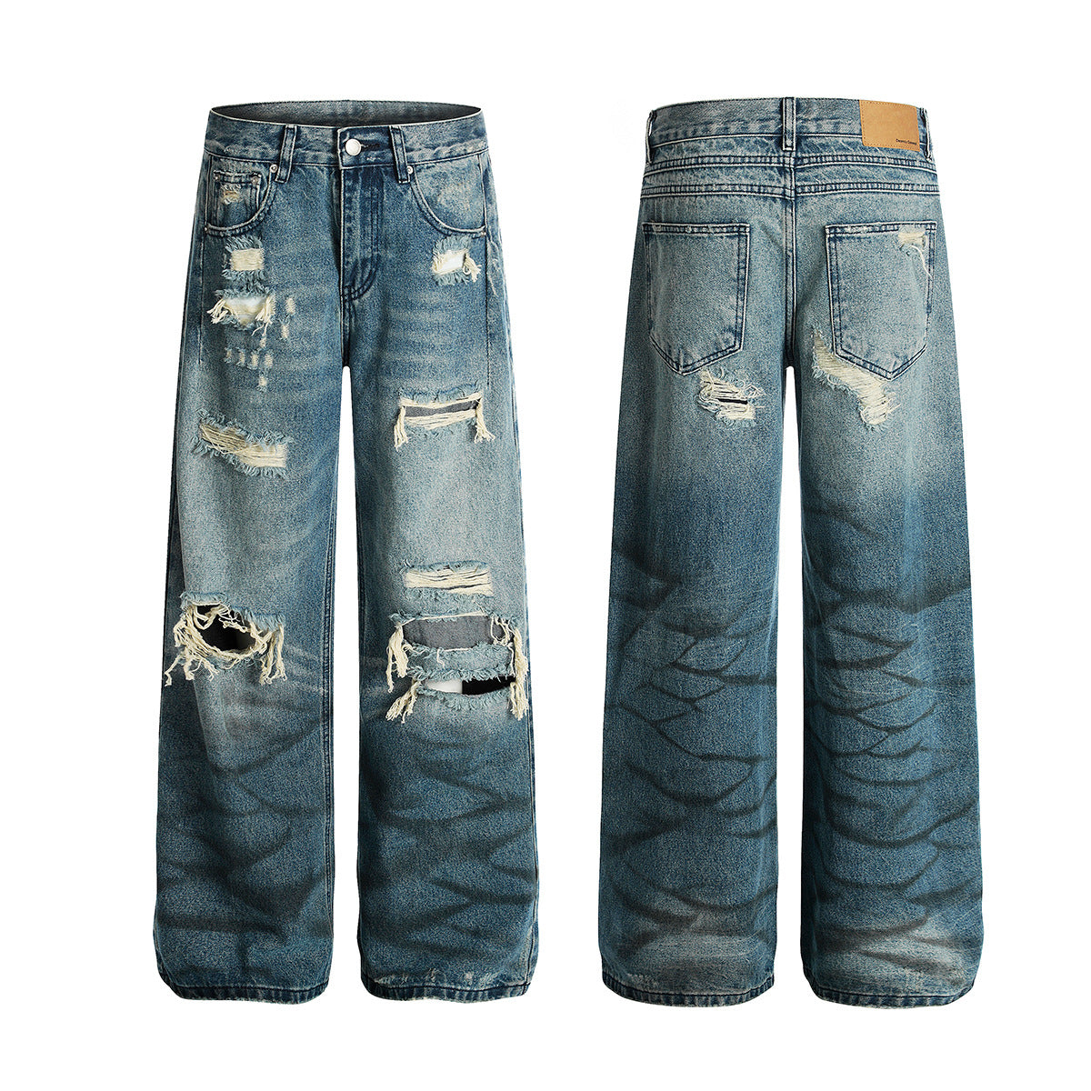 Wash Damaged Denim Loose Wide Leg Pants