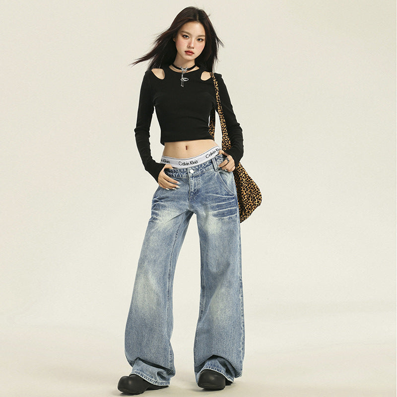 Women's Pleated Wide-Leg Jeans - Low-Waist Straight Leg Slimming Pants