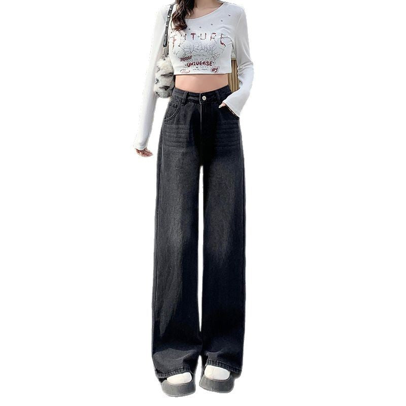 Retro Wide-Leg High-Waist Jeans for Women – Black Grey Loose Drape