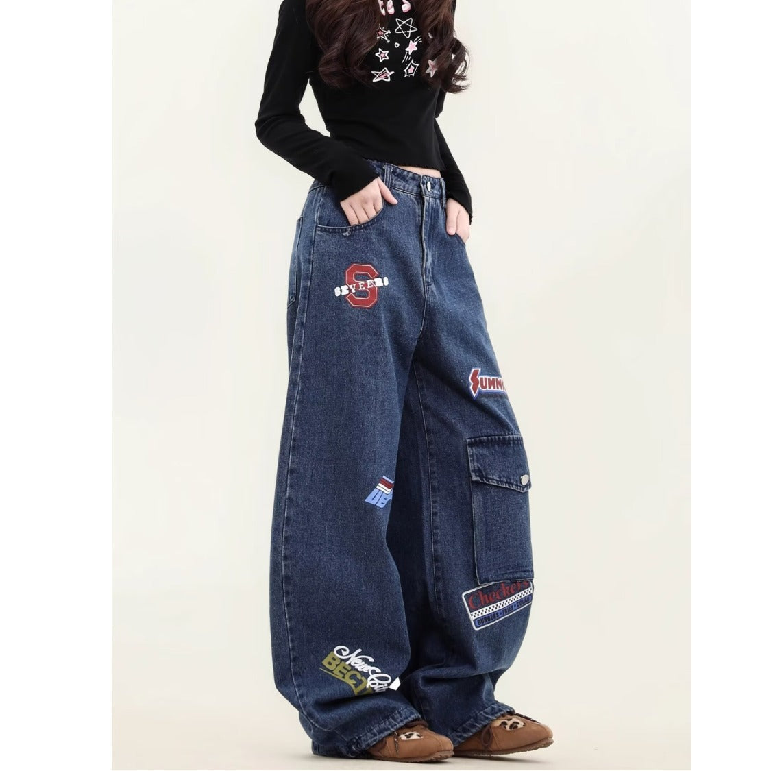 Design Sense Embroidery Patch Denim Pants - Unisex Loose Fit Multi-Pocket Trousers