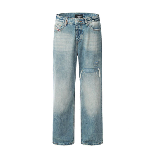 Premium Blue Denim Pants for Men and Women - Knife-Cut Destruction, Water Washed, Wide-Leg Casual Trousers