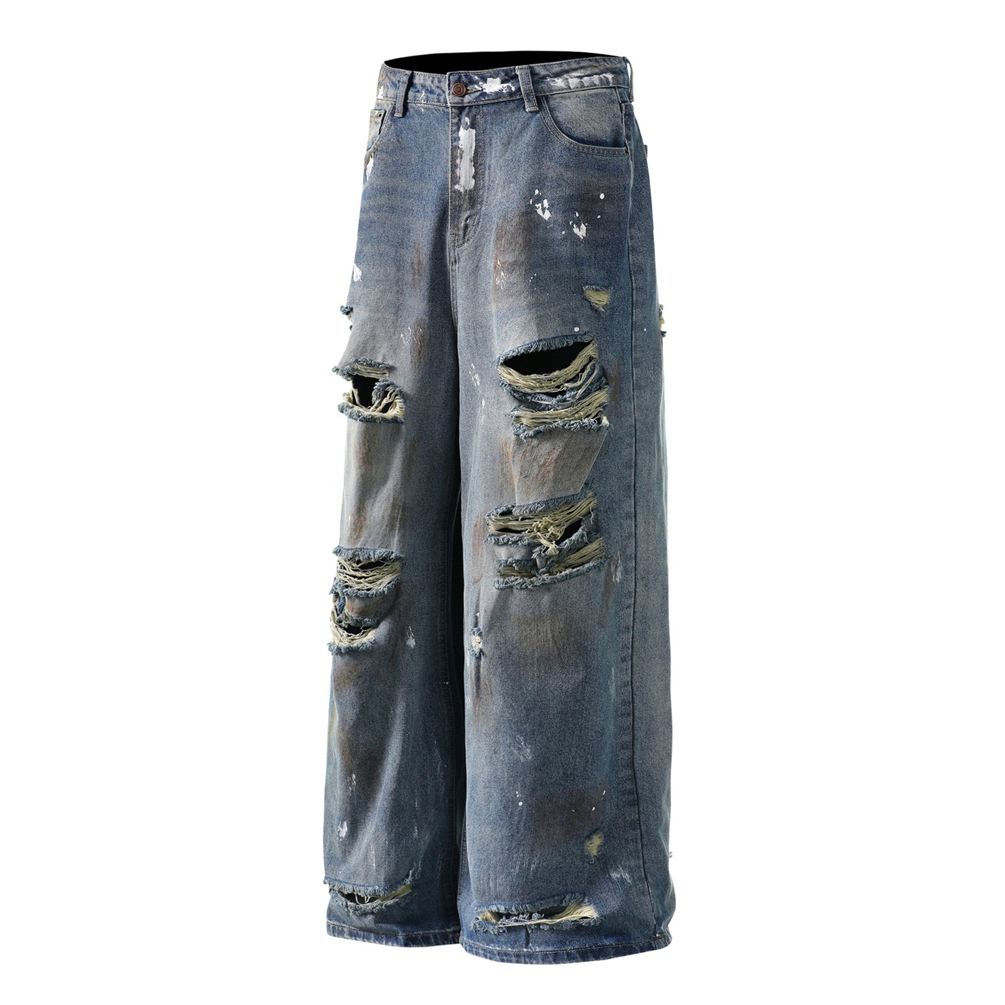 Mud Stained Denim Jeans with Holes - Trendy Blue Pants