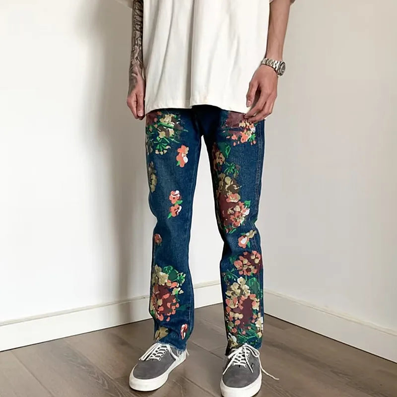 Hand-Painted Floral Graffiti Fringed Small Straight Leg Jeans for Men