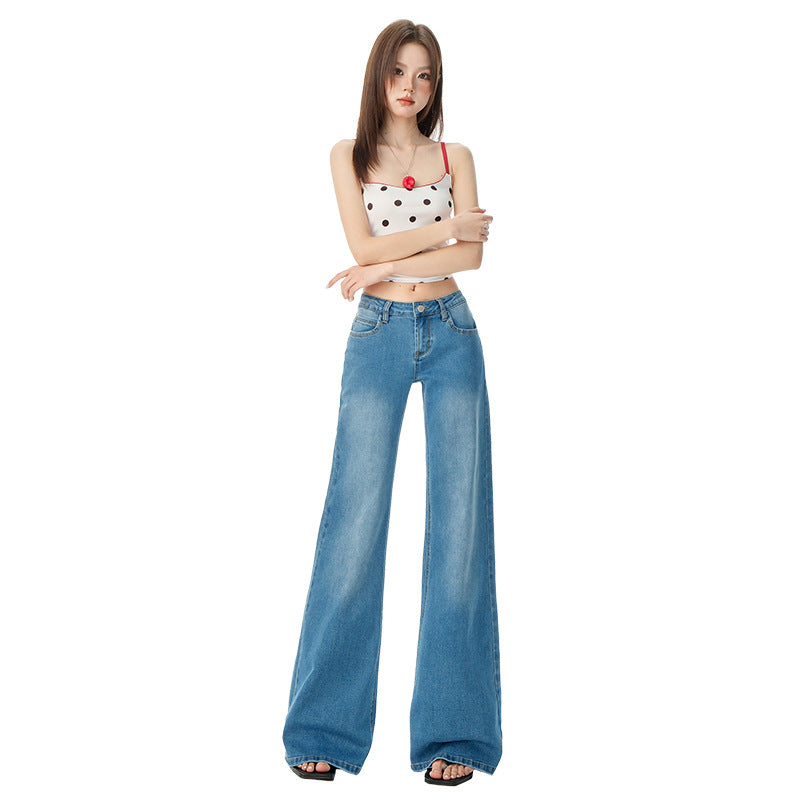 Women's Blue Low-Waist Jeans - Summer Loose Slimming Drape Bell-Bottom Pants