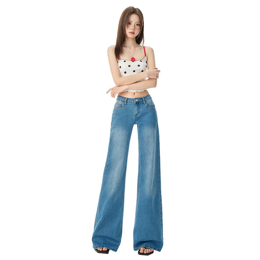 Women's Blue Low-Waist Jeans - Summer Loose Slimming Drape Bell-Bottom Pants