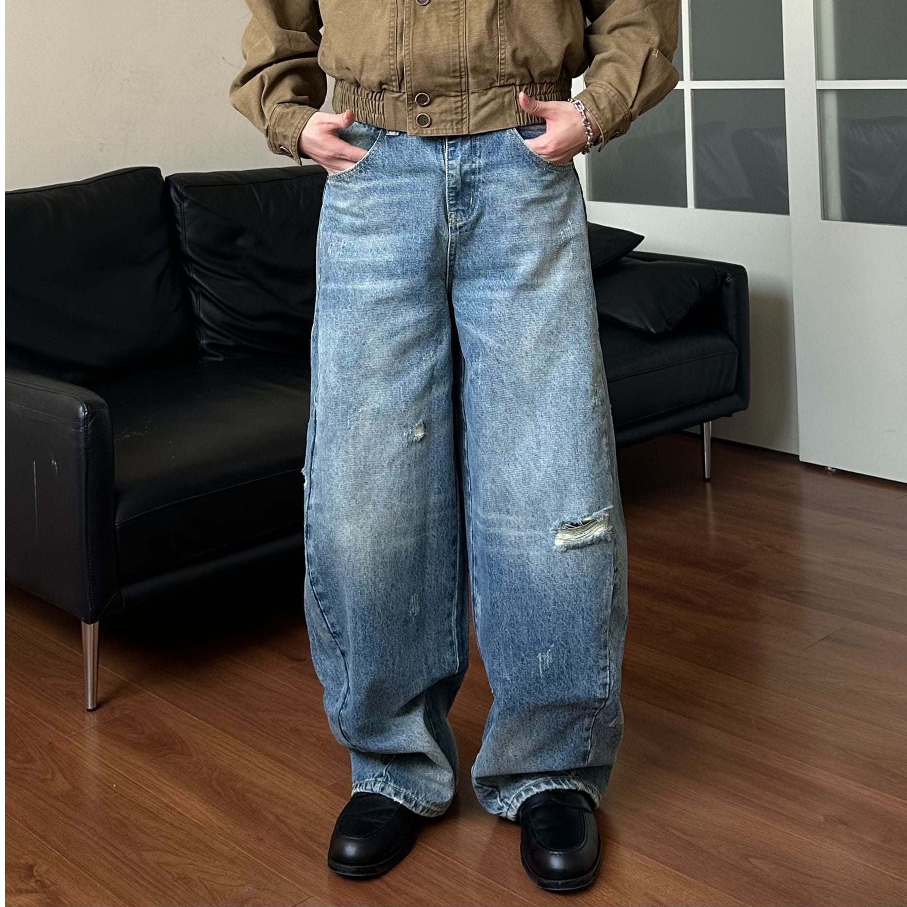 Dad Hole Loose Tapered Wide Leg Jeans for Men and Women