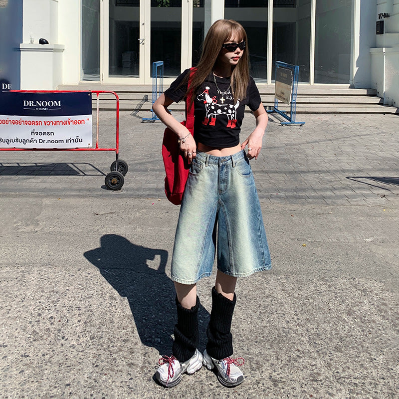 Women's Washed Straight Denim Shorts - Loose Slimming Gradient Color Five-Point Pants