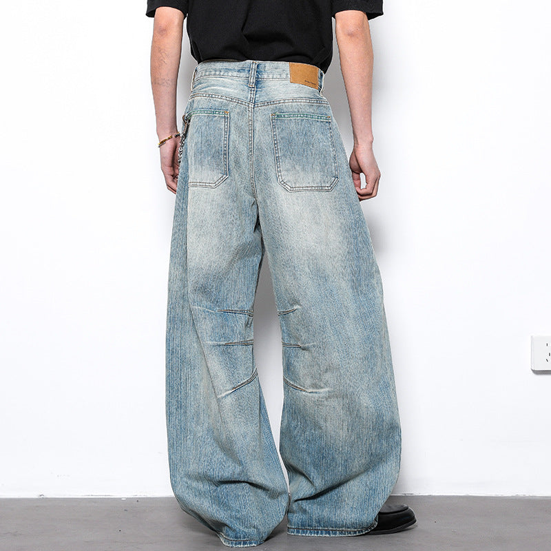 Bamboo Pattern Curved Knife Denim Loose and Slimming Wide Leg Pants