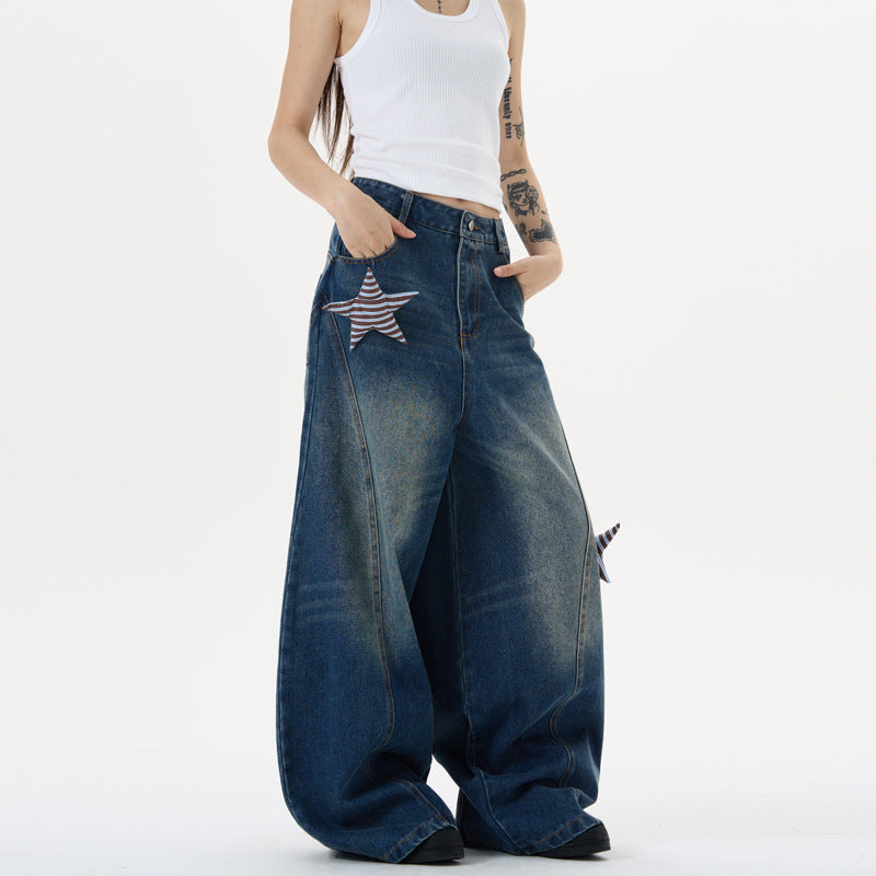 Summer Design Star Patch Fabric Silhouette Curved Knife Pants