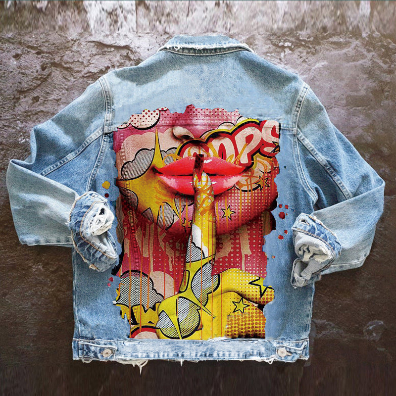 Women's Autumn Street Style Denim Jacket with Tongue Out Print