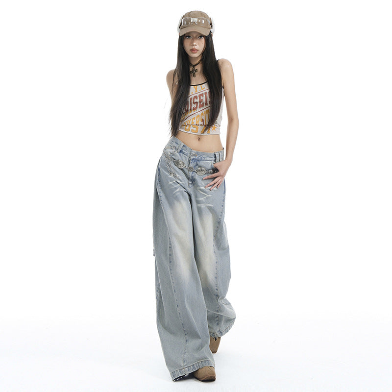 Women's Washed High Waist Wide Leg Jeans Slim Draping Floor-Length Pants