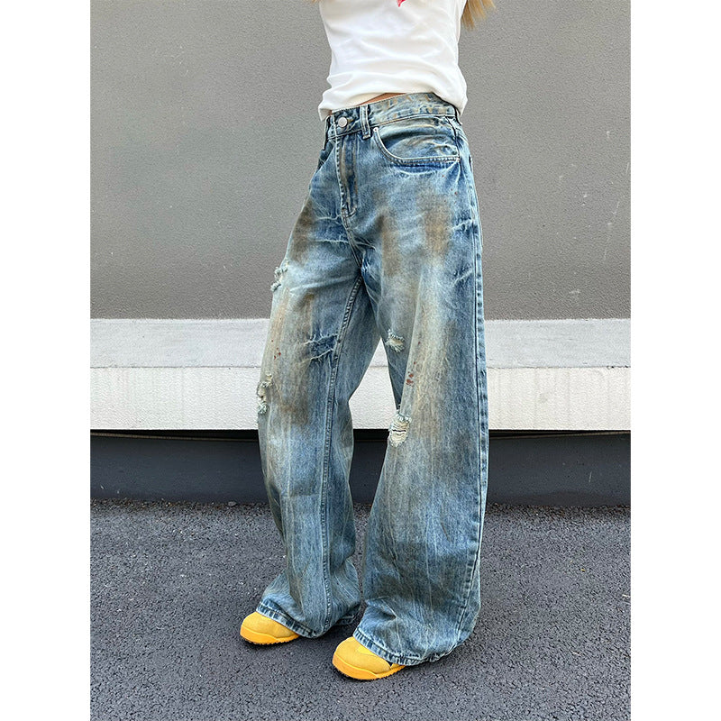 Ripped Denim Loose Straight Leg Wide Leg Curved Knife Pants