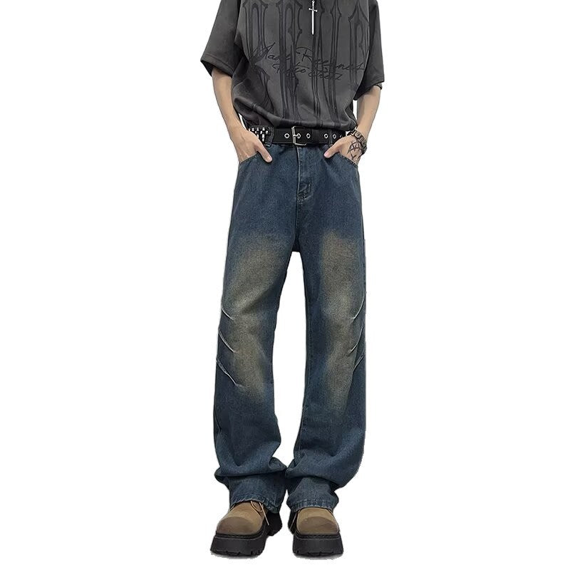 Retro Blue Washed Pleated Gradient Curved Knife Jeans