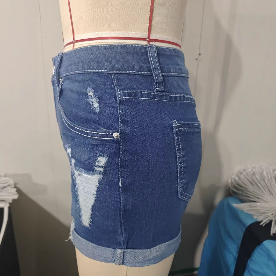 High Waisted Elastic Hole Denim Shorts for Women - Casual Deep Blue