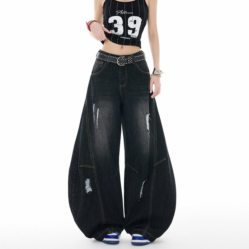 Retro Distressed Slash Jeans for Women - Casual Wide Leg Denim Pants