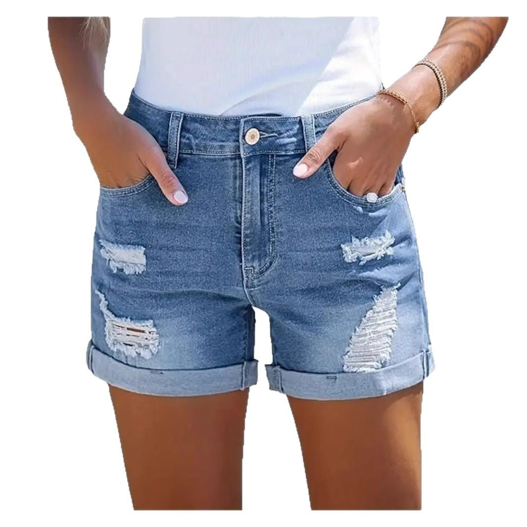 Women's High-Waist Comfortable Slimming Fashion Straight-Leg Casual Denim Shorts