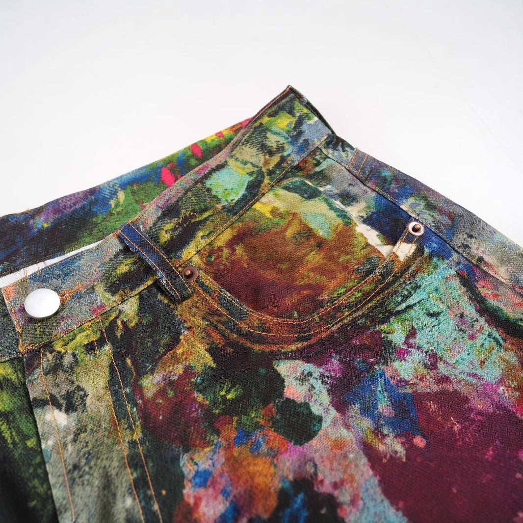 Retro Heavy-Work Visual Illusion Print Wide-Leg Jeans for Men and Women