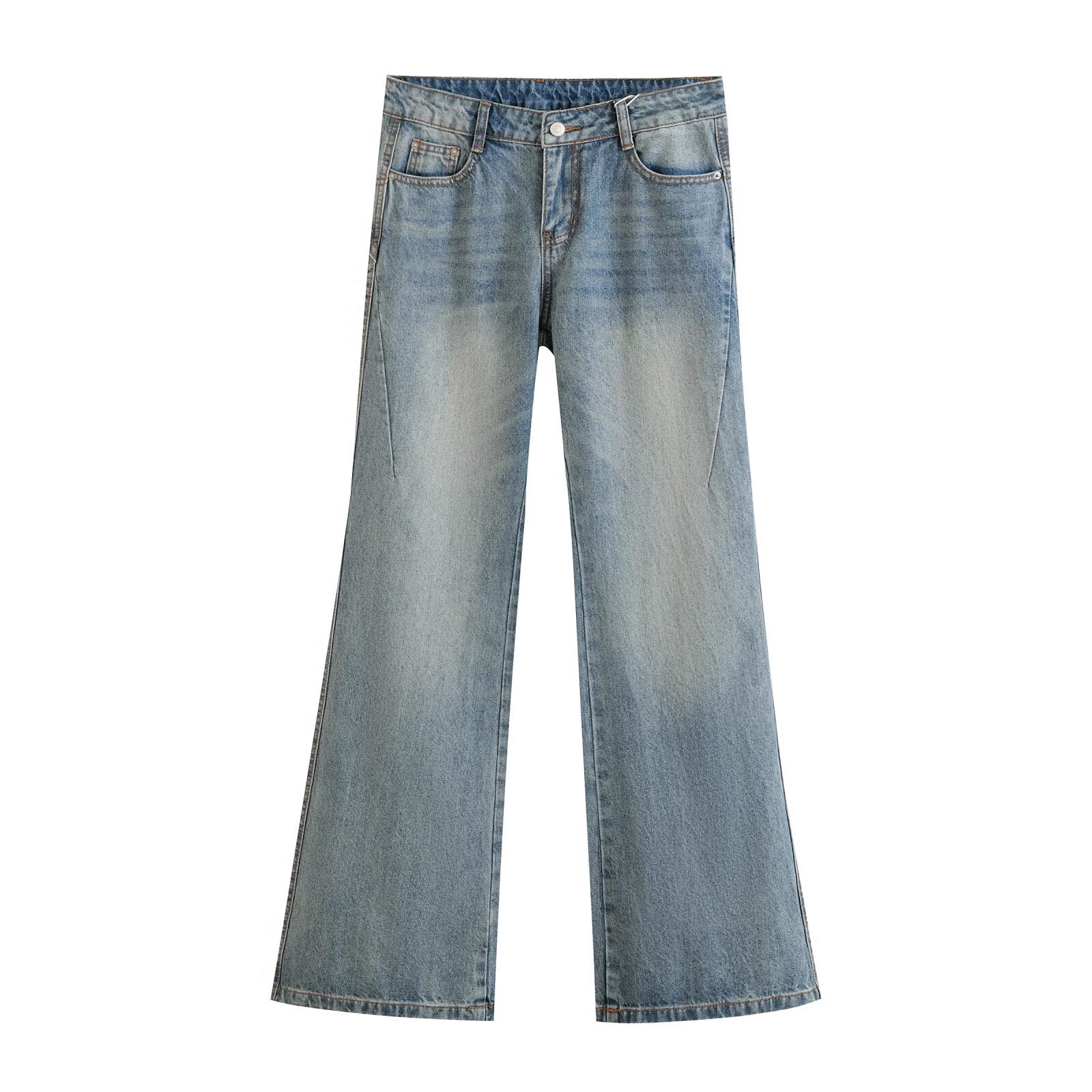 Splicing Horn Jeans - Versatile Wide Leg Floor Pants in Denim Blue