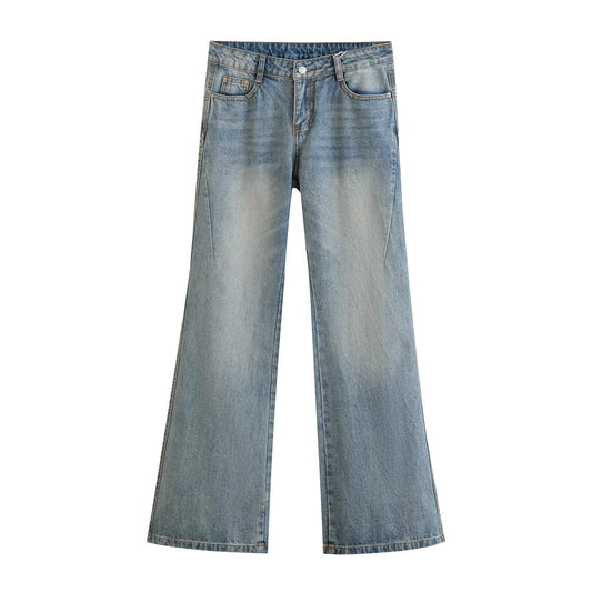 Splicing Horn Jeans - Versatile Wide Leg Floor Pants in Denim Blue