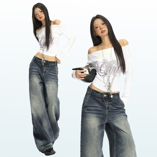 Women's Washed Straight Jeans - Loose Floor-Length Wide-Leg Pants