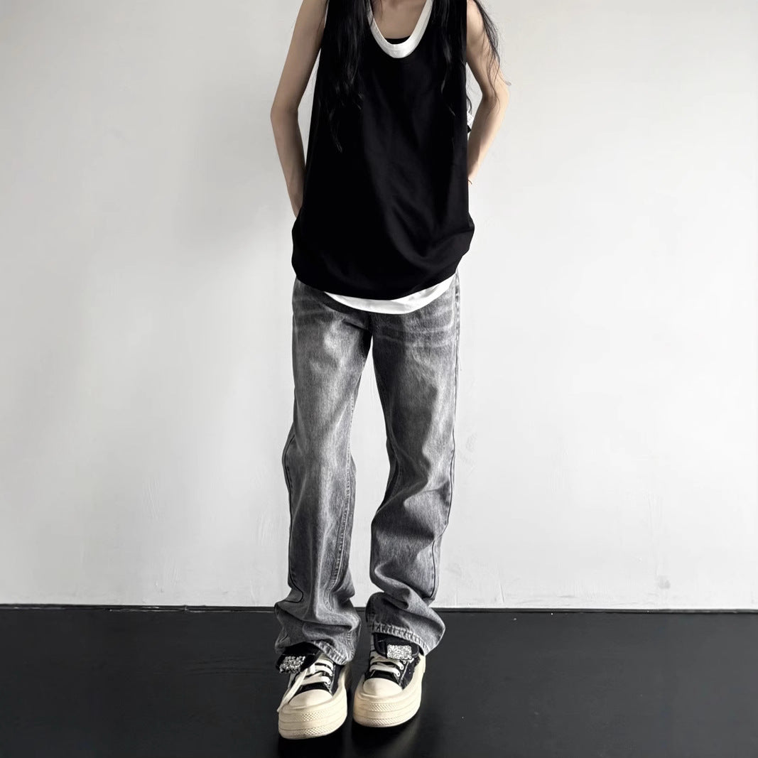 Retro Washed Vintage Smoky Gray Denim Pants - Unisex Trendy Loose Straight Leg All-Match Long Pants