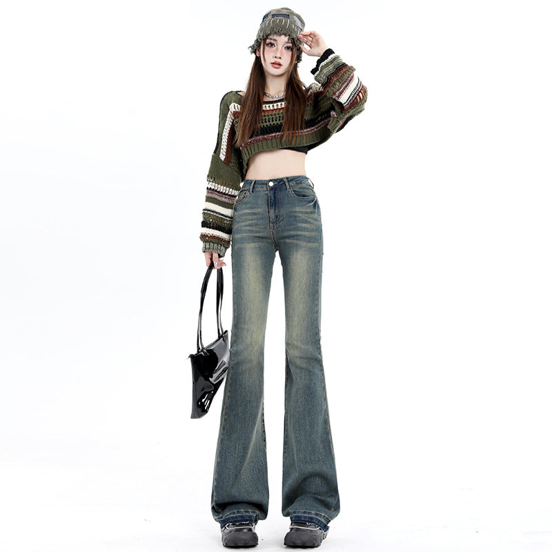 Women's Washed Flared Denim Pants with Vertical Feel Floor-Length Trousers