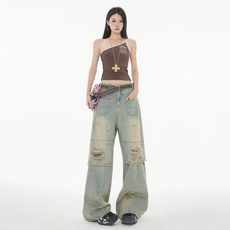 Women's Distressed Slim Floor-Length Wide-Leg Denim Pants for Summer Workwear
