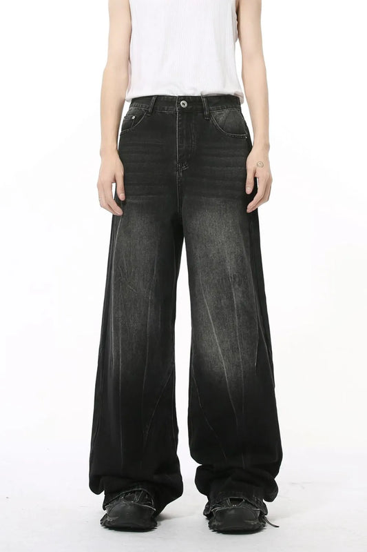 Washed Lightning Pattern Wide Leg Jeans