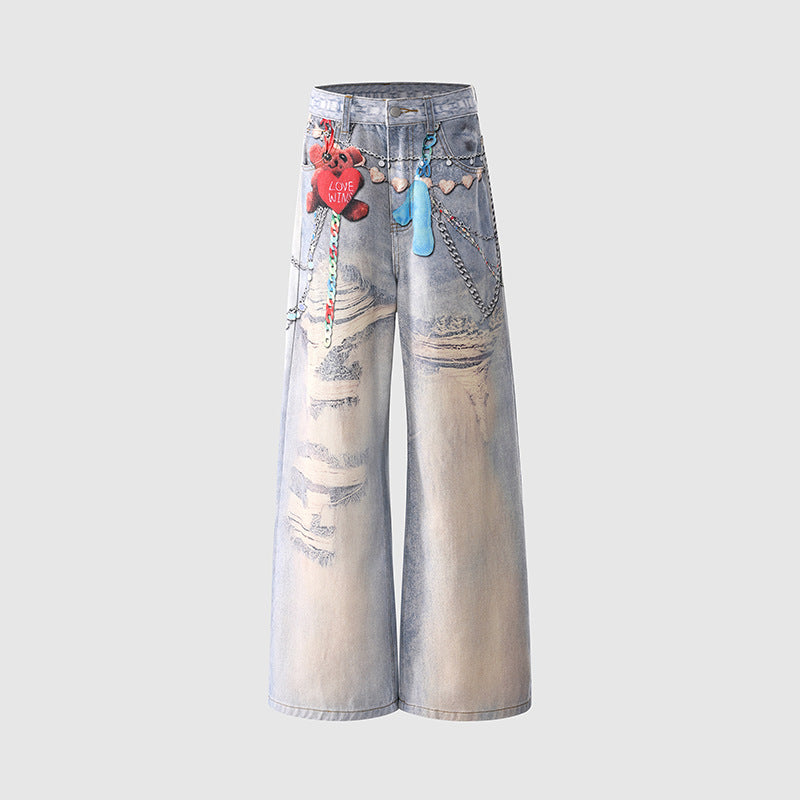 Graffiti Heart Bear Chain Curved Knife Pants - High Street Loose Wide Leg Jeans for Women