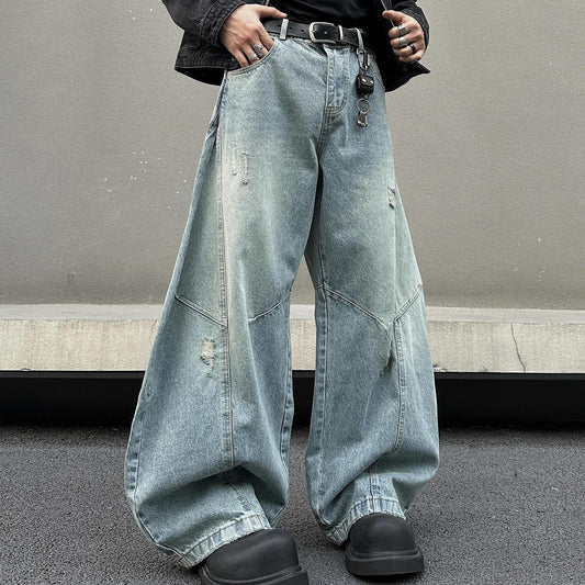 Retro Semi Elastic Waist Ripped Casual Wide Leg Pants