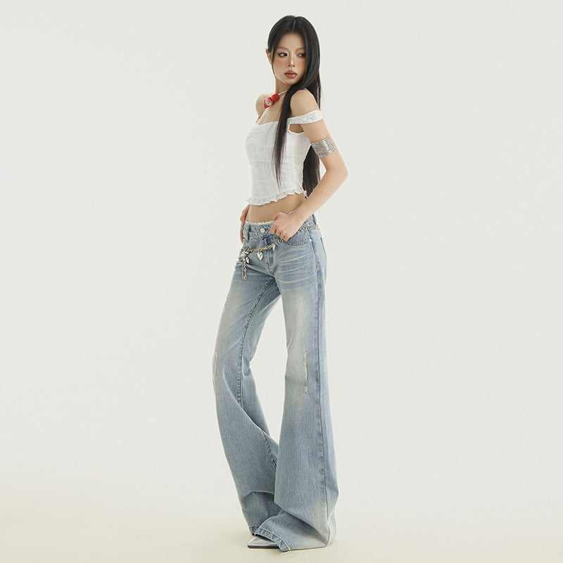 Women's Lace Splicing Flared Denim Pants - Slim Low Waist Ankle-Length