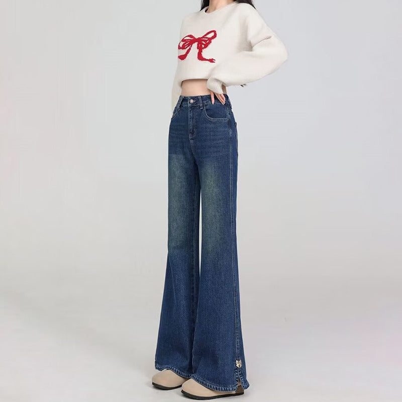 High Street Slit Flared Jeans for Women - High Waist Slim Korean Style Denim Pants