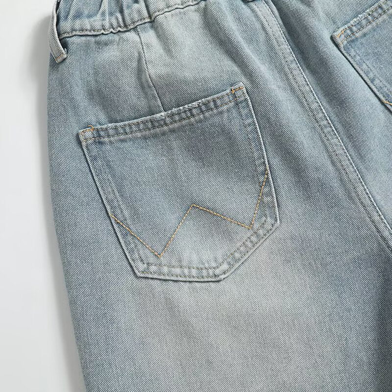 Elastic Waist Frayed Edge Loose Denim Straight Leg Shorts for Women