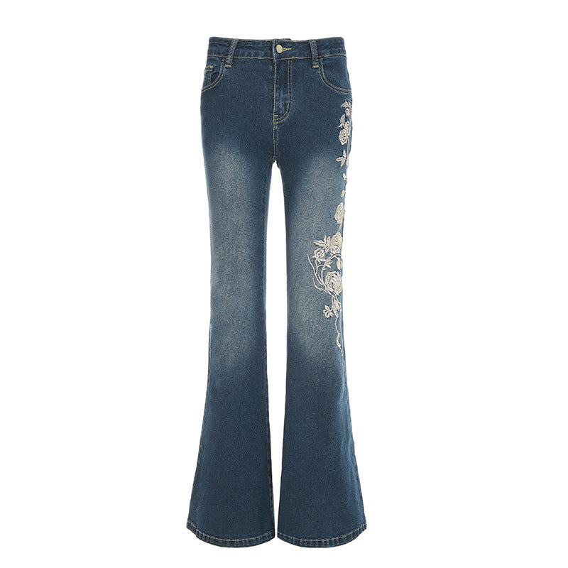 Rose Embroidery Retro Gradient Spicy Jeans
