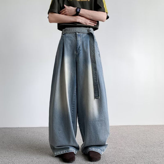 Strap Silhouette Wide Leg Curved Waist Belt Straight Leg Jeans