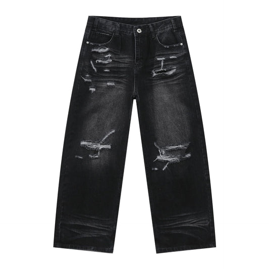 American Retro High Street Washed Distressed Denim Trousers for Men