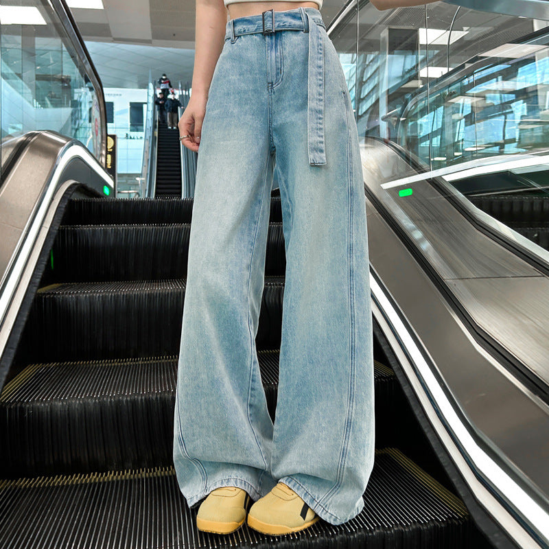 Light-Colored High-Waisted Wide-Leg Jeans for Women - Slimming Draped Waistband