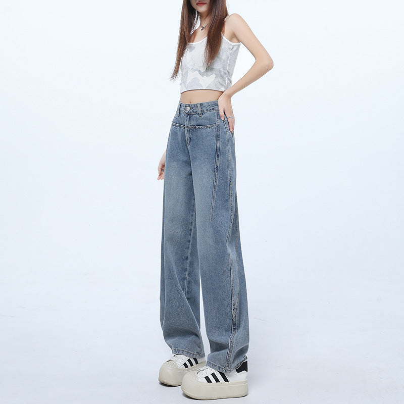 Retro Blue High-Waisted Flared Denim Pants for Women - Summer Loose Fit